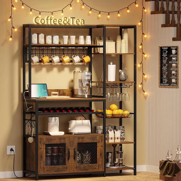 Wumubs para Cocina, Gabinete para Vinos con Toma de Corriente y 8 Ganchos, Cantina Bar Mueble para Casa, Estante para Vinos y Copas, Gabinetes de Almacenamiento, 120 * 40 * 170cm
