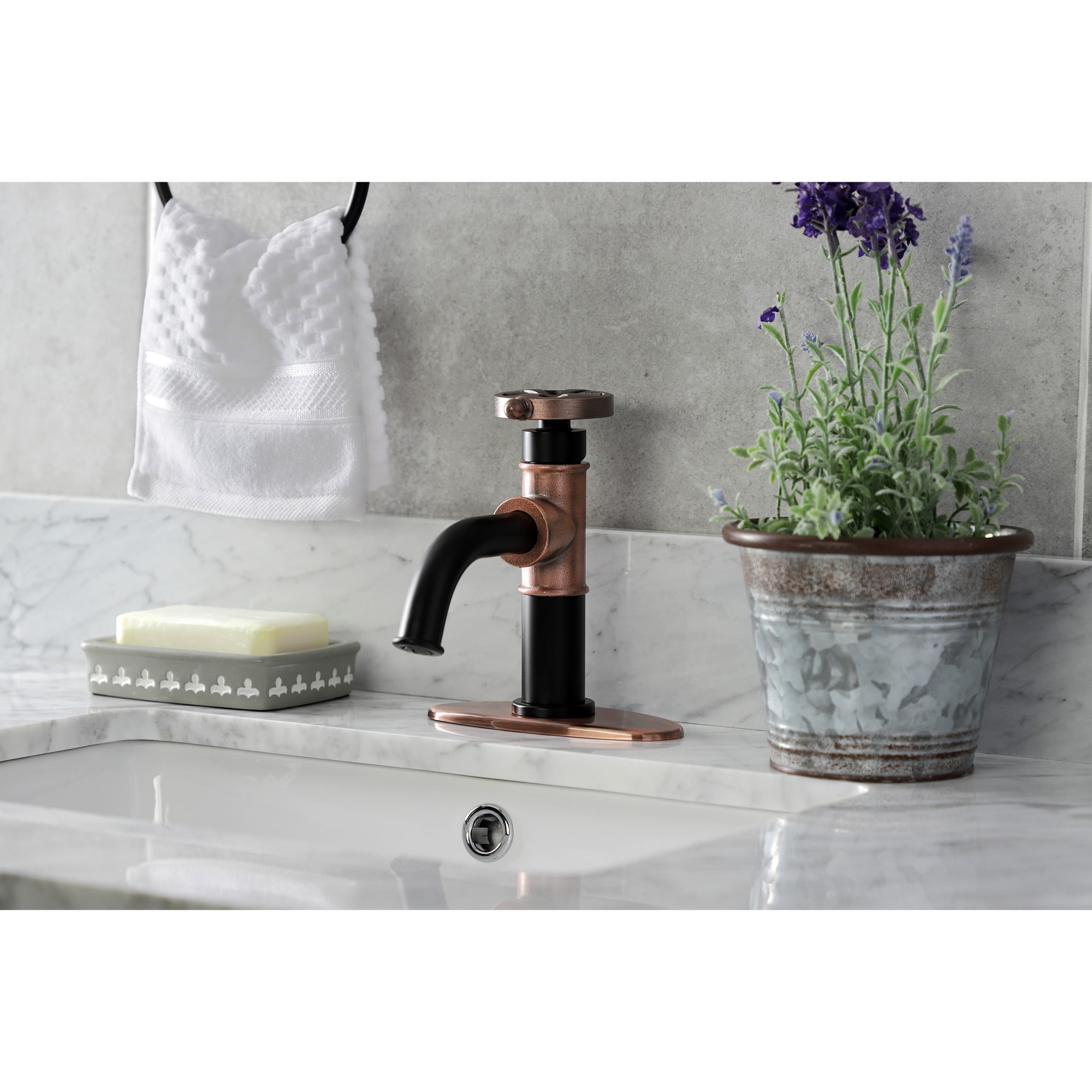 Kingston Brass KSD282RXAC Belknap One-Handle Single-Hole Bathroom Faucet with Deck Plate and Push Pop-Up Drain, Matte Black/Antique Copper