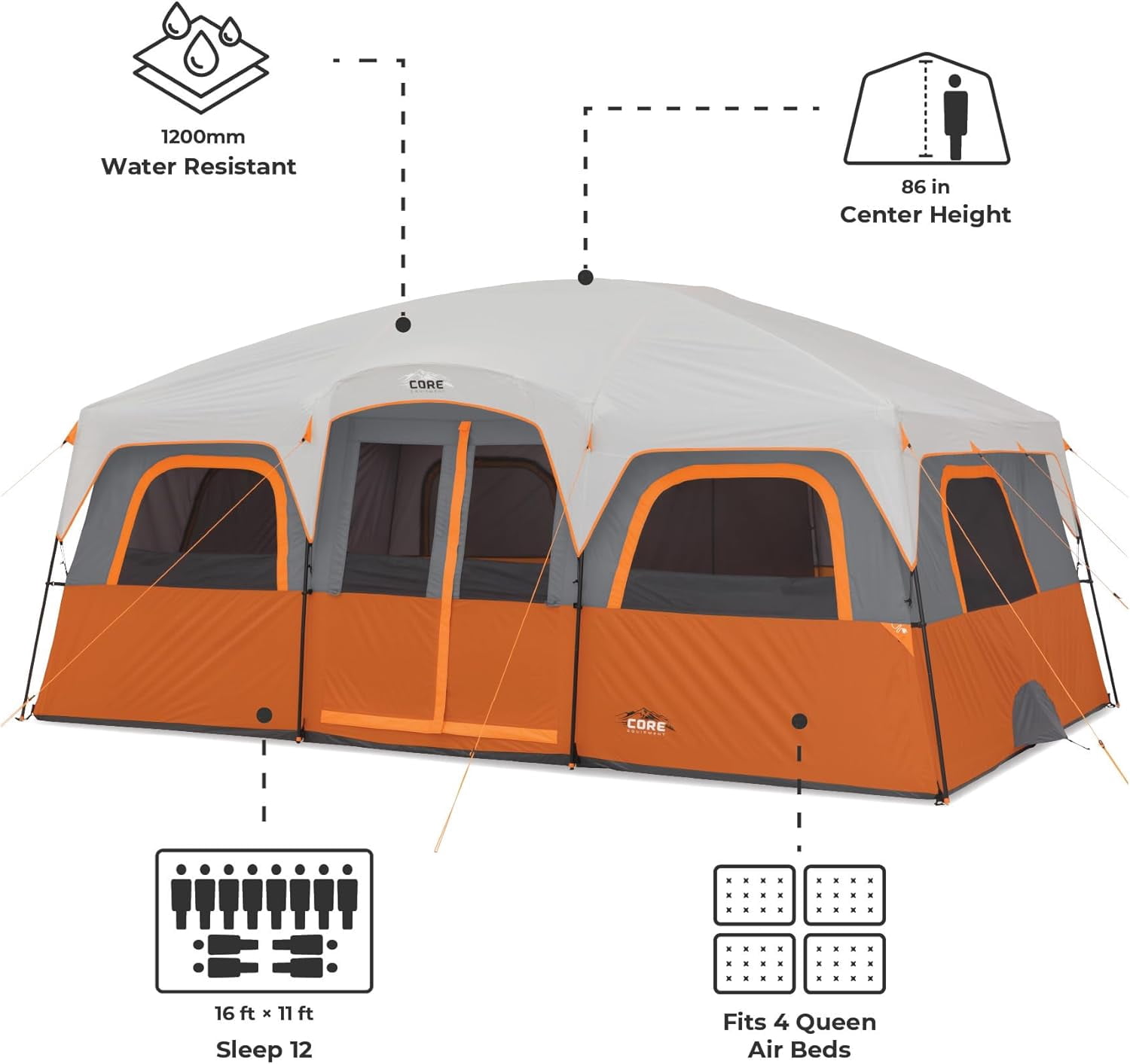 CORE 16' x 11' 12 Person Straight Wall Cabin Camping Tent, 49lbs