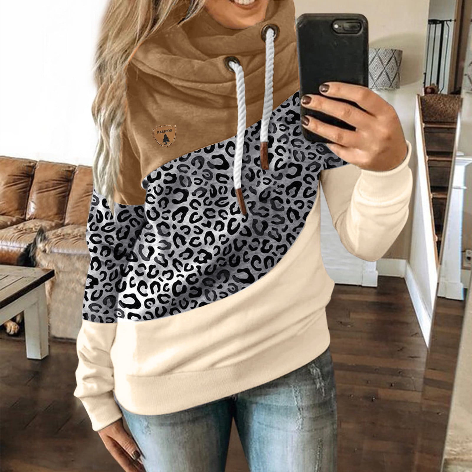 Leopard Print Splice Black Pocket Long-sleeve Fleece Hoodies for Mom and Me
