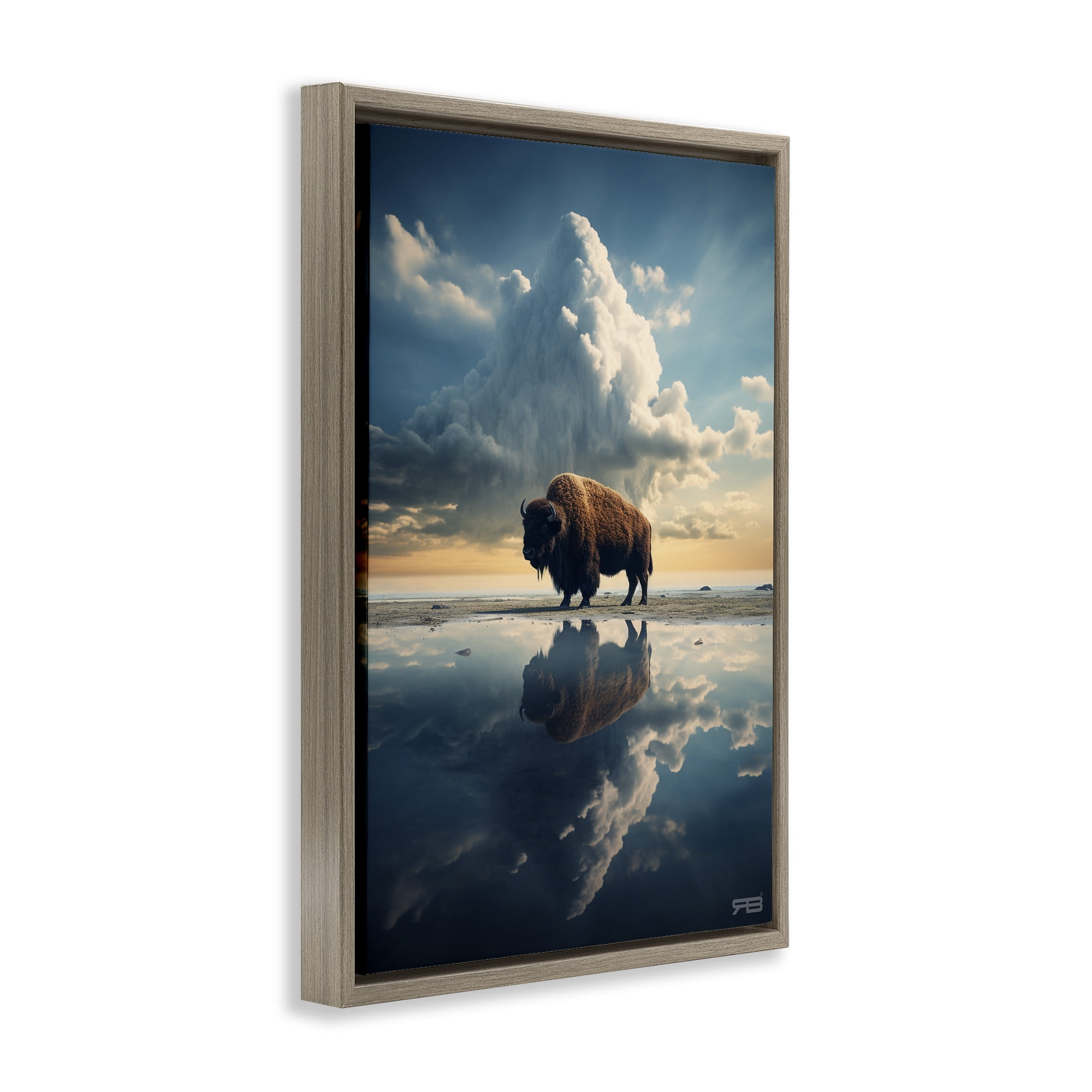 Stupell Industries Bison & Reflective Clouds Landscape Painting Brown Floater Framed Art Print Wall Art, 21 x 31