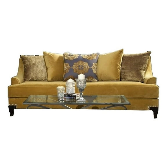Bowery Hill Traditional Velvet Upholstered Sofa with Wood Frame in Gold