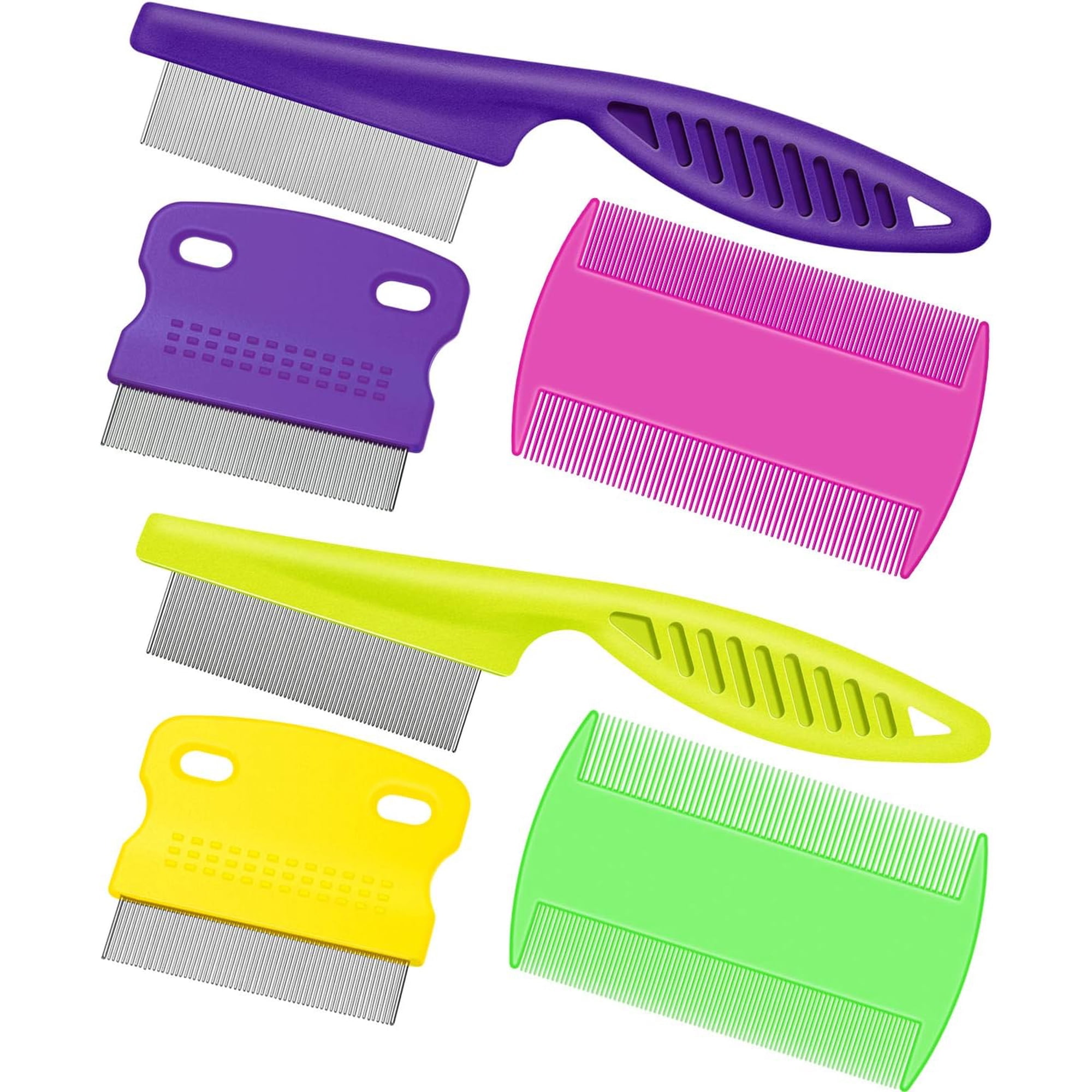 6 Pack Flea Lice Comb Stainless Steel Dog Cat Grooming Combs with Rounded Teeth, Double Sided Pet Tear Stain Remover Dematting Tool for Pets(Pink, Green, Purple, Yellow)