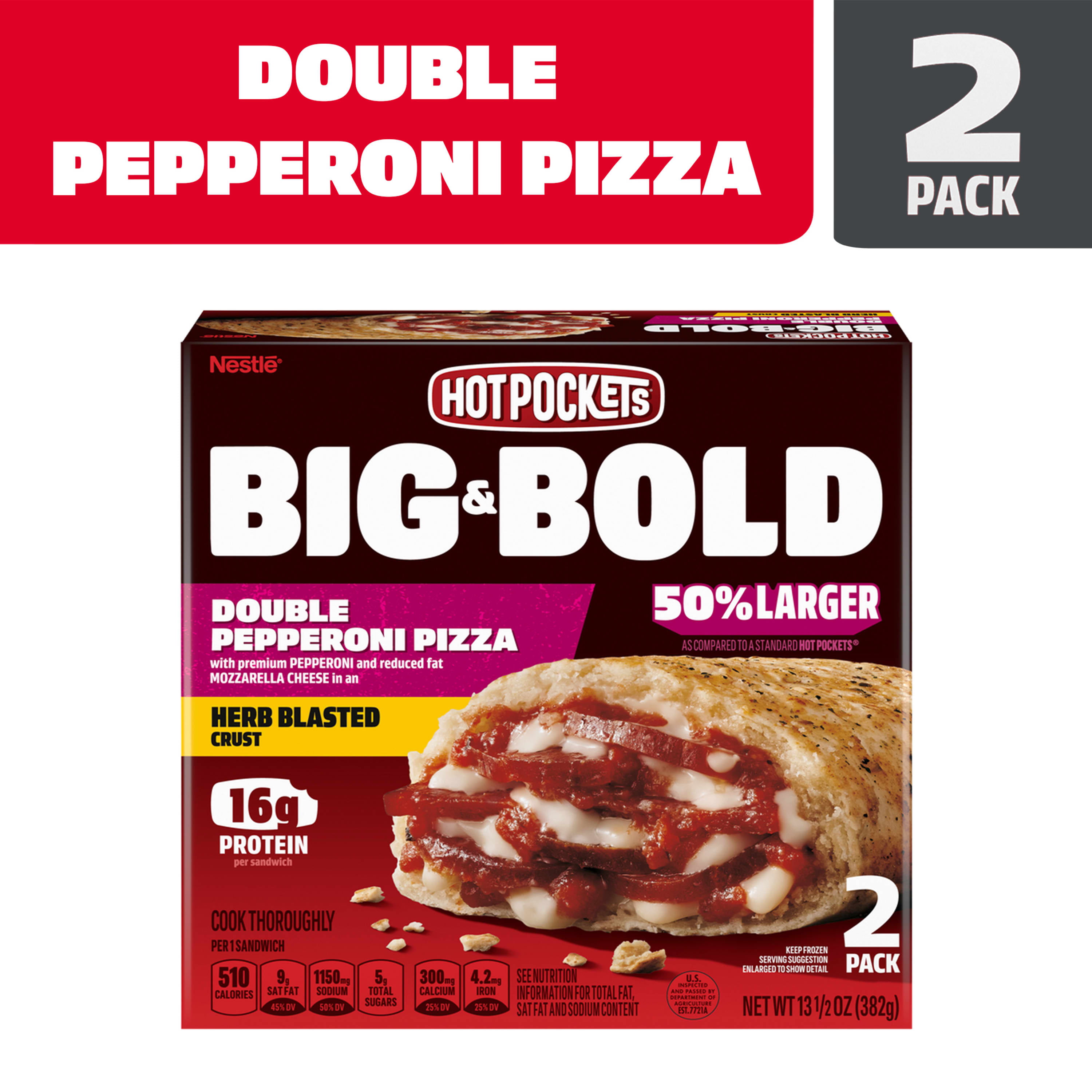 Hot Pockets Frozen Snack Big And Bold Double Pepperoni Pizza Herb Blasted Crust Frozen Sandwiches
