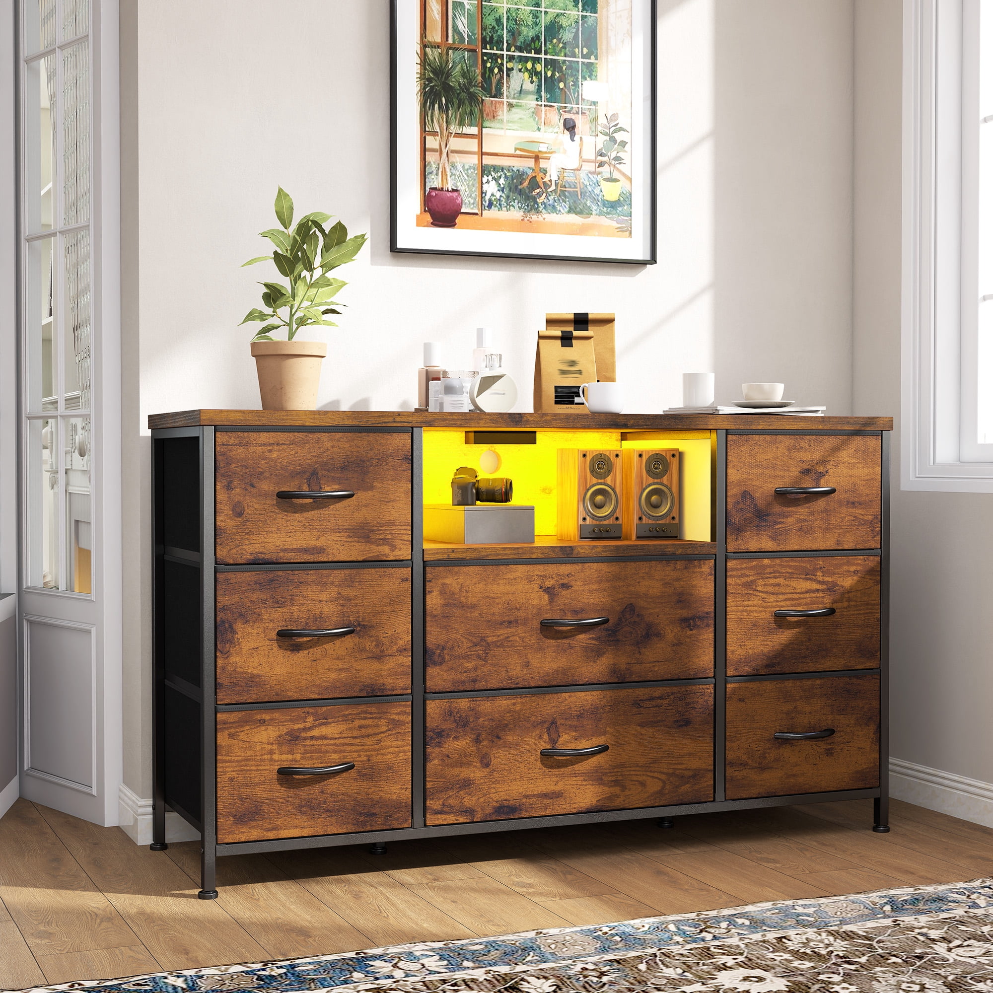 Romorgniz Dresser TV Stand for 55 inch TV with LED Lights & Charging Station Dresser for Bedroom with 8 Drawers, Rustic Brown