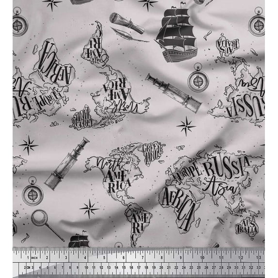 Soimoi Gray polyester Crepe Fabric Pirate Ship & Telescope Map Print Fabric by the Yard 42 Inch Wide