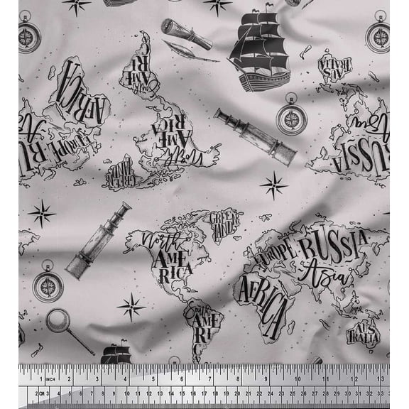 Soimoi Gray Poly Georgette Fabric Pirate Ship & Telescope Map Print Sewing Fabric Yard 42 Inch Wide