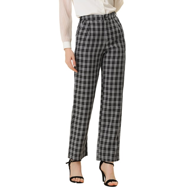 Pantalones a cuadros Allegra K casuales para mujer Blanco negro L