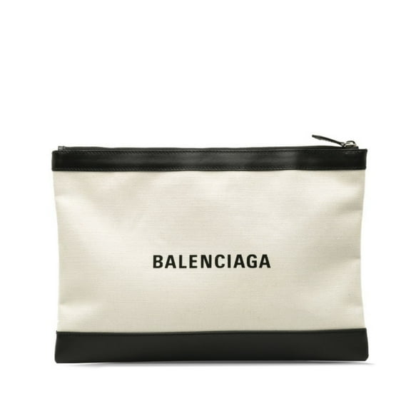 Pre-Owned Balenciaga Clutch Bag 373840 Beige Black Canvas Leather Women's BALENCIAGA (Good)