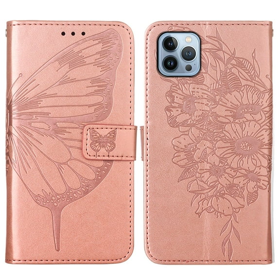 K-Lion Wallet Case for iPhone 14 Pro Max, PU Leather Flip Phone Case [Wrist Strap] [Card Slots Holder] [Kickstand Feature] Emboss Butterfly Flower Case Women Girls for iPhone 14 Pro Max 2022, Rosegold