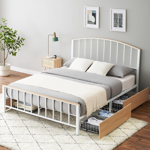 Yesfashion Base de Cama con Plataforma de Tamaño Full con 4 Cajones de Almacenamiento, Base de Cama con Plataforma Tamaño Queen con Cabecera y Pie de Cama, Colchón