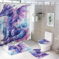 4Pcs Fantasy Dragon Shower Curtain Set with Rugs, Toilet Lid Cover and Bath Mat, Watercolor Theme Purple Animal Mystical Bathroom Curtains Decor Shower Curtains, 72" x 72"