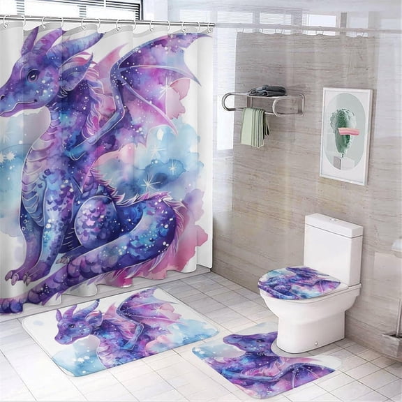 4Pcs Fantasy Dragon Shower Curtain Set with Rugs, Toilet Lid Cover and Bath Mat, Watercolor Theme Purple Animal Mystical Bathroom Curtains Decor Shower Curtains, 72" x 72"