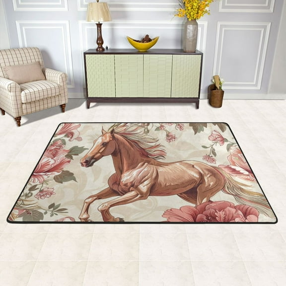 Horse Around Flowers Floral Area Rug Washable 72 x 48 Floor Carpet Mat Non Slip for Bedroom Living Room Kids Room Home Decor