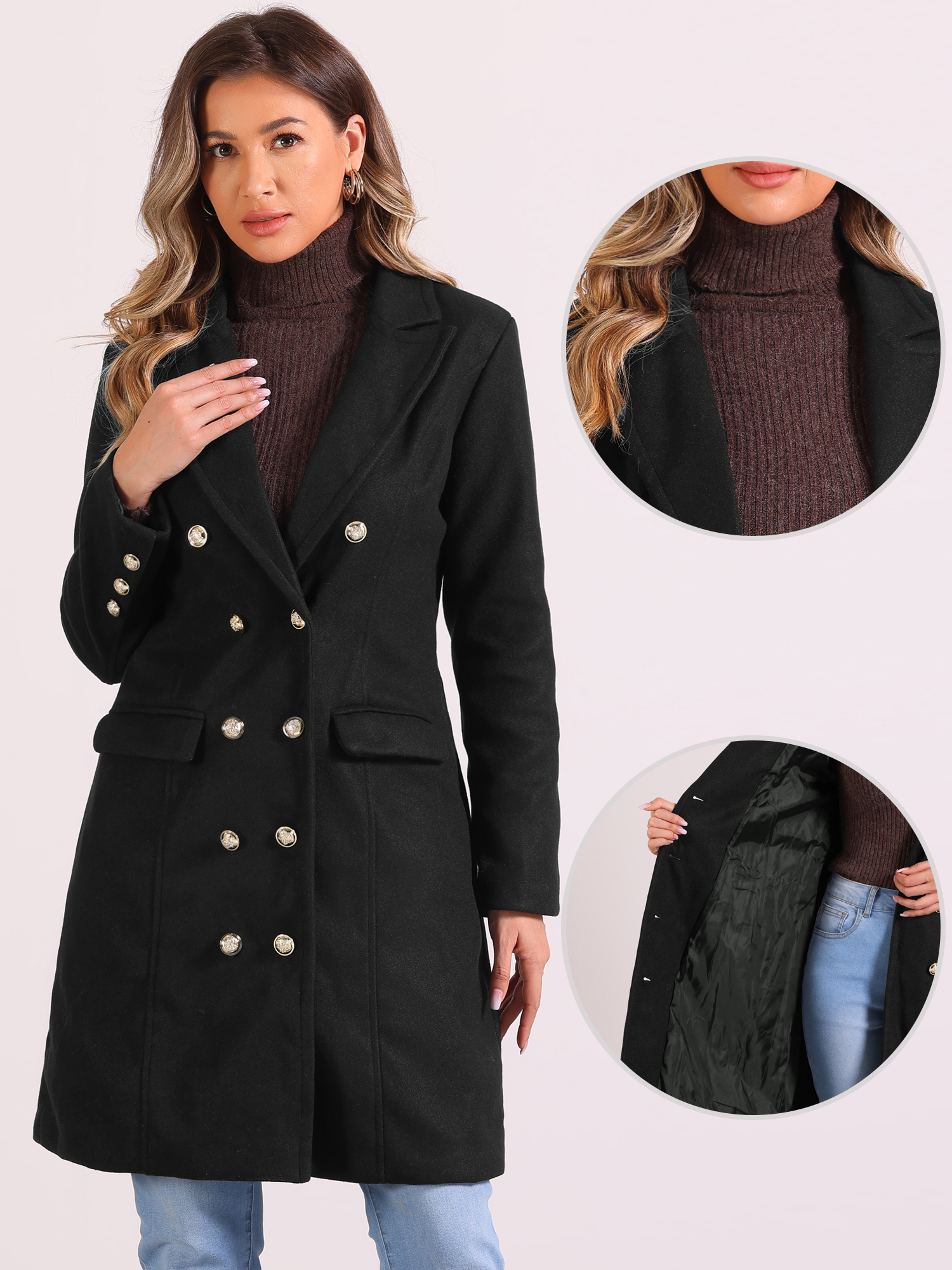 DARING DIVA Women's Notched Lapel Double Breasted Midi Long Winter Coats Black XS