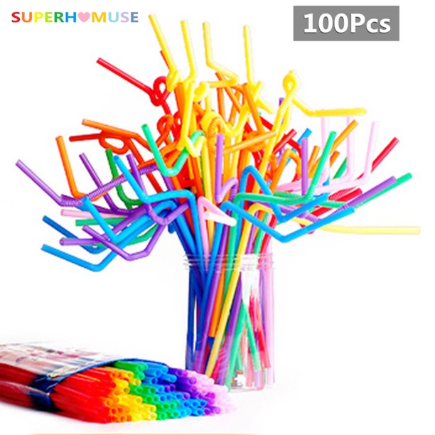 SUPERHOMUSE 100PCS Colorful Bendable Long Art Straw Disposable Safety