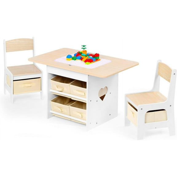 Kids Table and 2 Chairs Set 2-in-1 Plastic Building Blocks-Compatible Activity, with 6 Storage Bins Boxes, Children's Furniture, Gift for Boy & Girl (Natural)