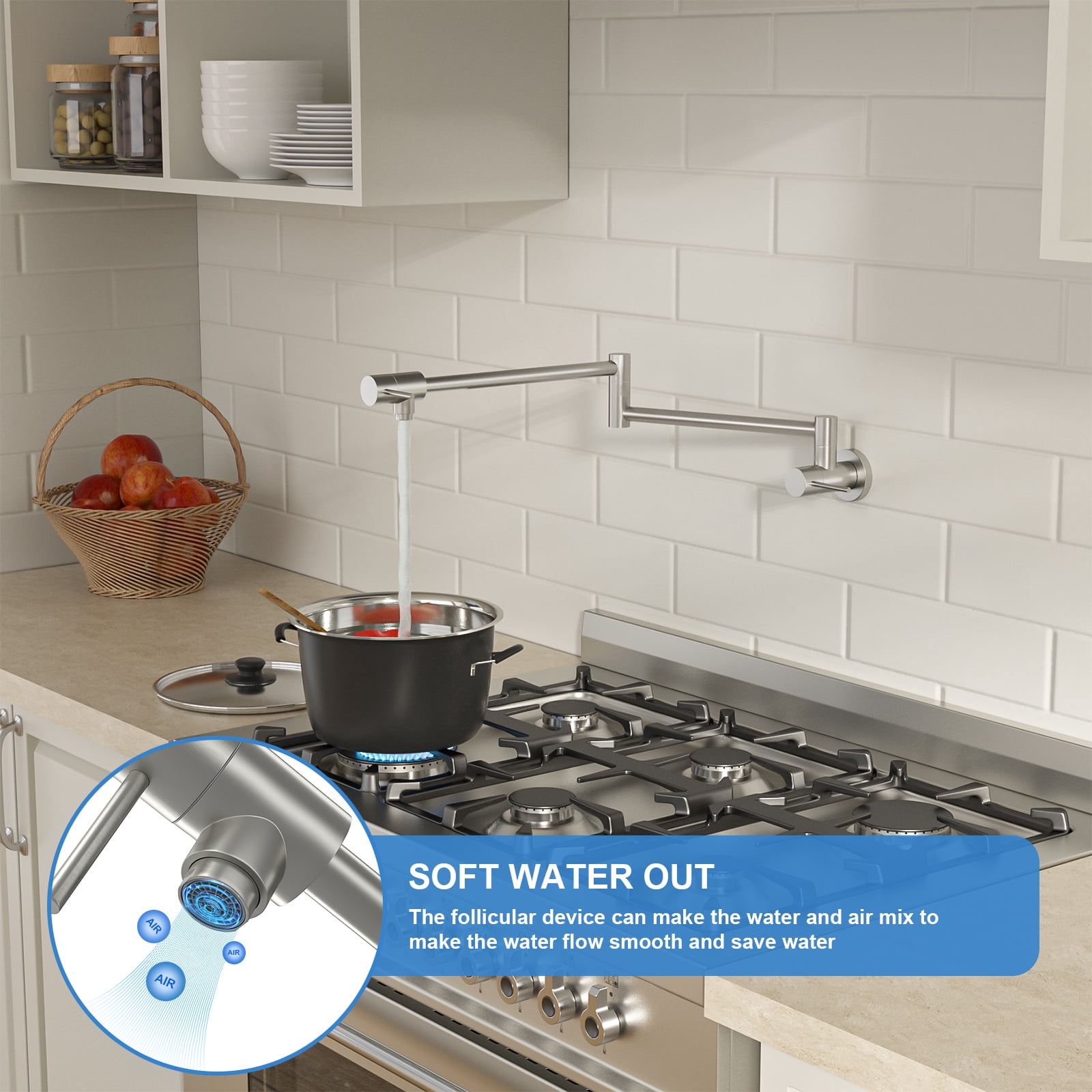 Pot Filler Faucet Wall Mount Brushed, 20" L Stainless Steel Folding Kitchen Faucet with Double Joint Swing Arm, Commercial Pot Filler with 360° Swivel Spout & ABS Aerator