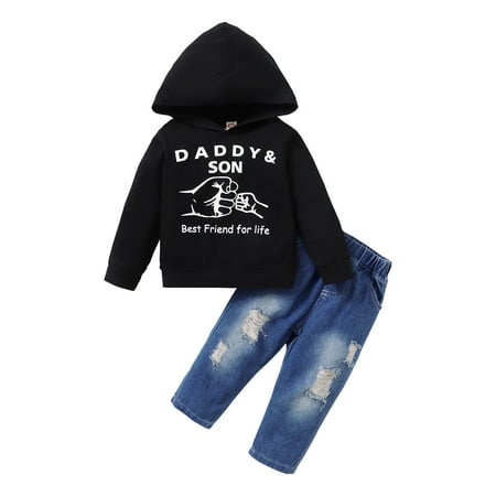 

KIMI BEAR Infant Boys Outfits 12 Months Infant Boy Autumn Winter Outfits 18 Months Infant Boy Casual Letter Print Hooded Long Sleeve Hoodie + Ripped Denim Pants 2PCs Set Black