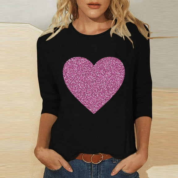 HaoXianJian Valentine's Day Shirt for Women Glitter Love Heart Printed T-Shirt Top 3/4 Sleeve Tee Crew Neck Casual Blouse Tops Size S-2X