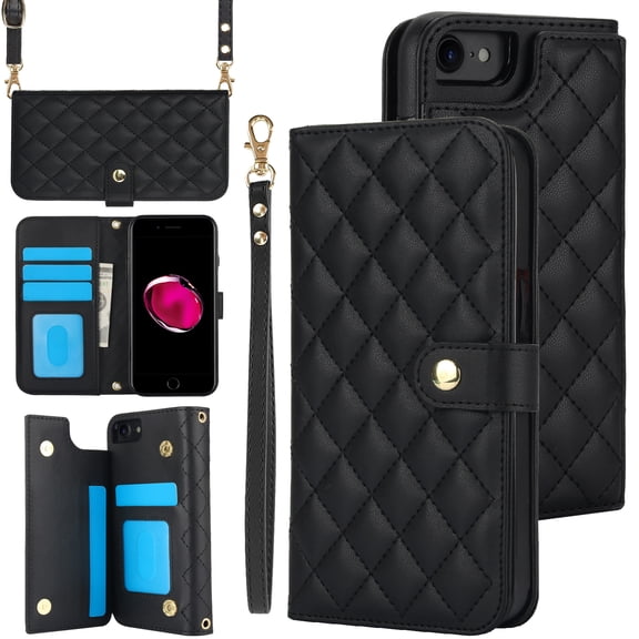 Allytechgroup Wallet Case for iPhone 7 / 8 / SE 2022 & 2020 with Credit Card Slot, RFID Blocking PU Leather Case with Lanyard & Shoulder Strap & Kickstand Shockproof Bumper for Women Men, Black