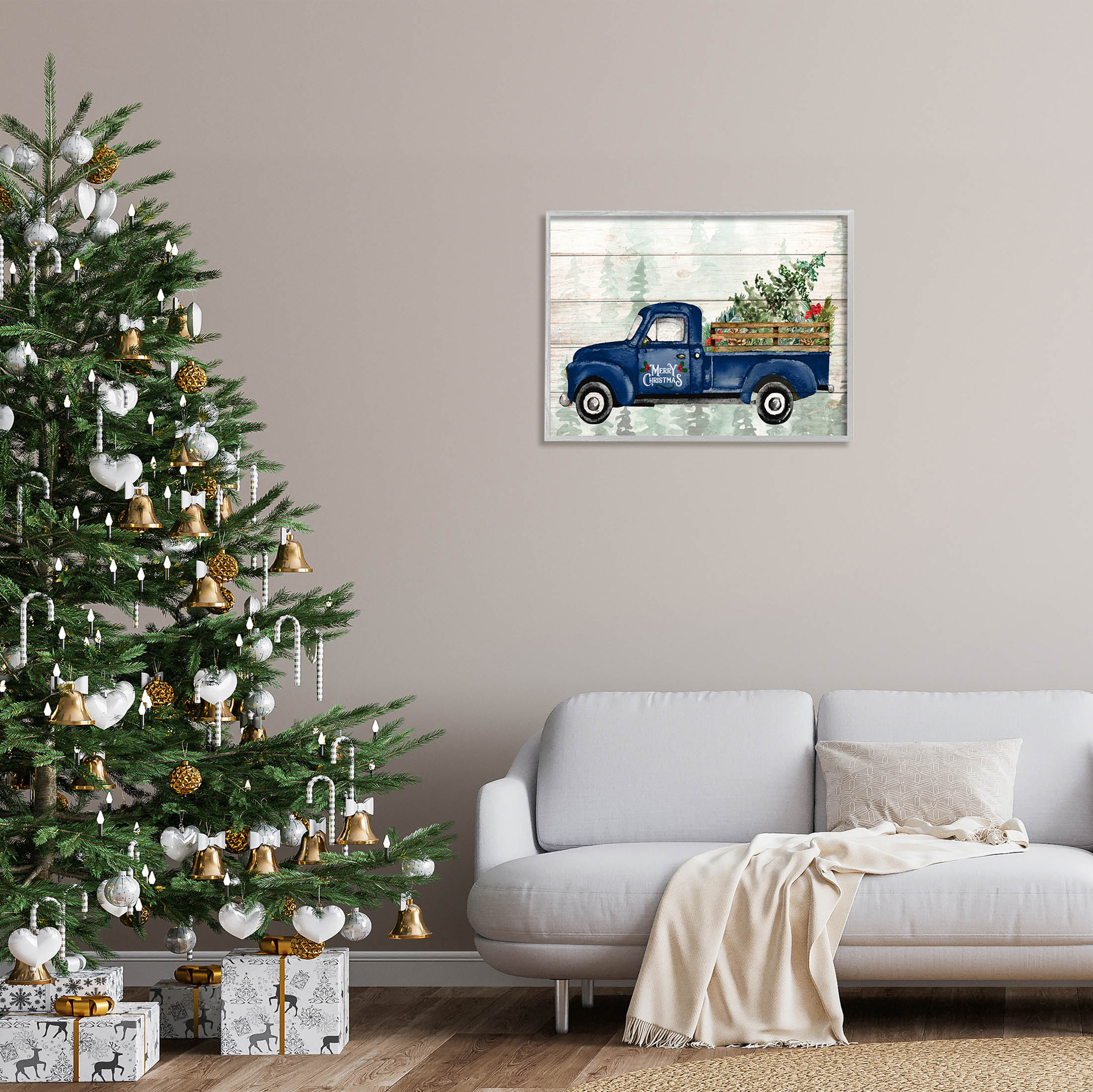 Stupell Industries Merry Christmas Blue Holiday Truck Graphic Art Gray Framed Art Print Wall Art, Design by Kim Allen
