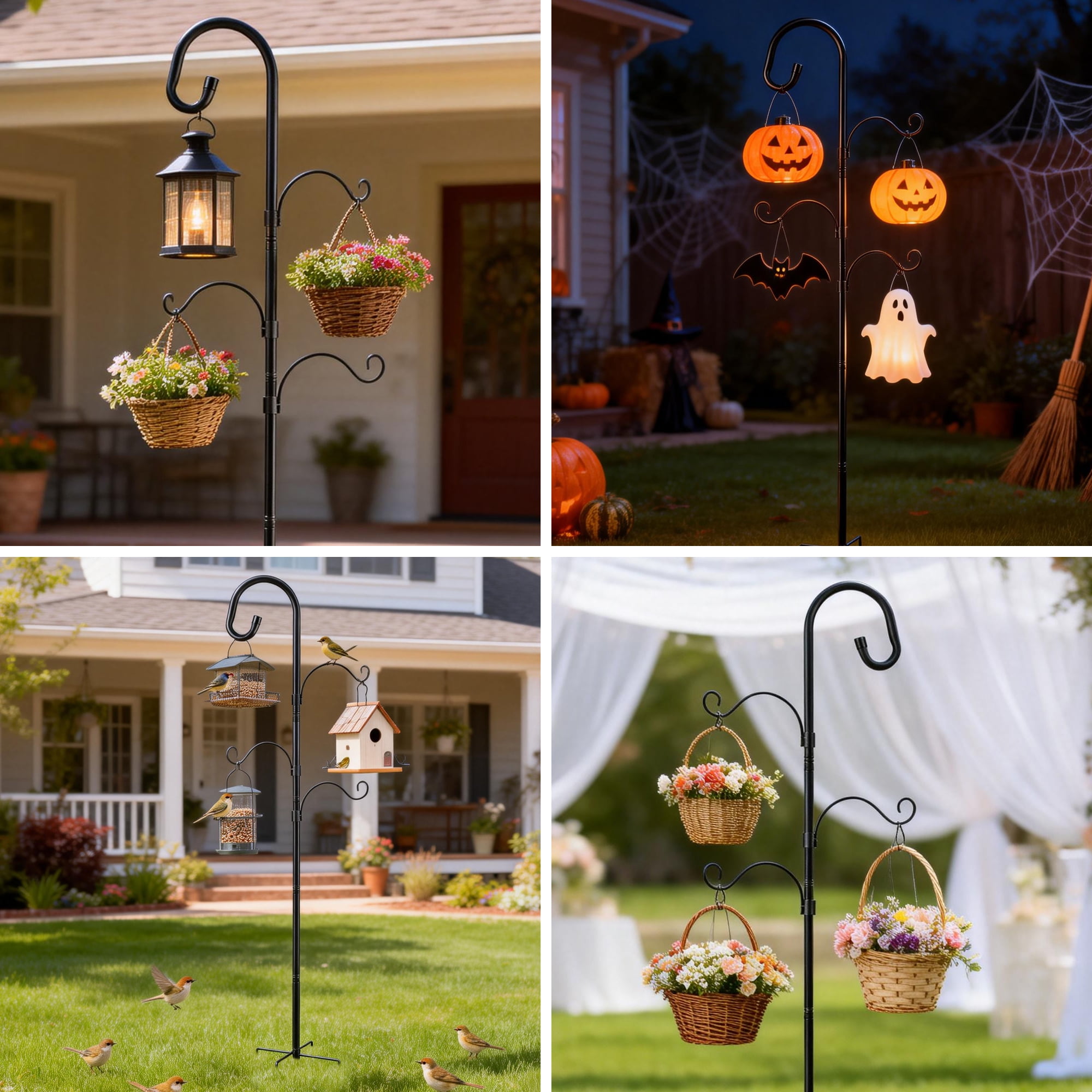 Shepherds Hooks for Outdoor, 92 Inch Heavy Duty Bird Feeder Pole, Garden Pole for Hanging Plants, Lantern, Hummingbird Feeder, Hanging Plant Stand with 5 Base Prongs (2 PACK)