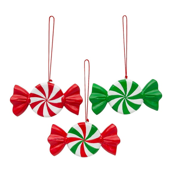 Fun Express 4" x 1 3/4" Red, Green & White Striped Candy Resin Christmas Ornaments - 12 Pieces