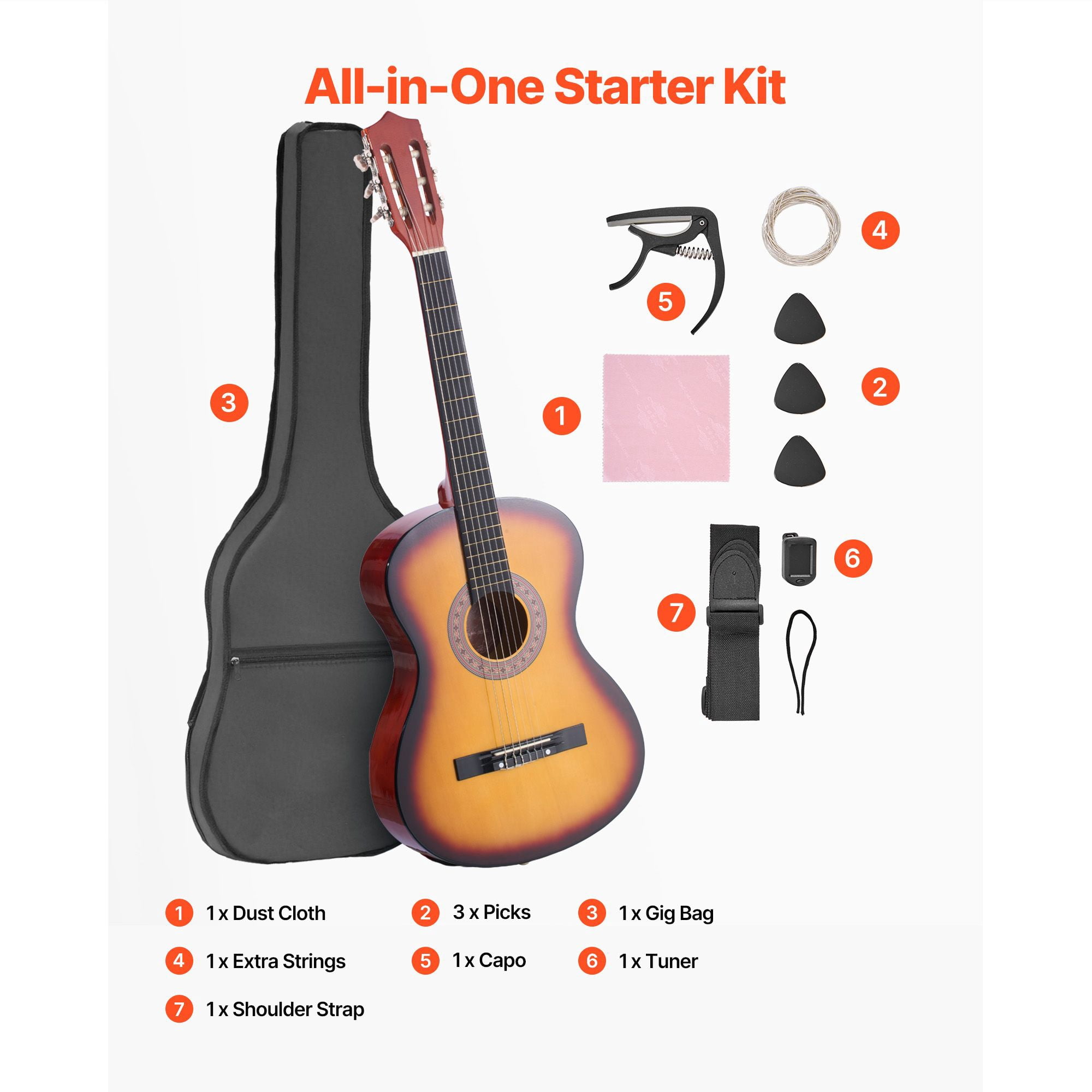 Classical Guitar, 38 Inch Wood Classical Guitar Starter Kit for Beginners, with Nylon Strings, Gig Bag, Strap, Tuner, Extra String, Pick, Capo, Basswood, for Teenagers Adults Students, Sunburst
