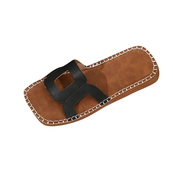 LOVZFMLL Women's Flat Sandals Summer Casual Hollow Square Toe Slippers for Beach Comfort Walking Open Toe Slip On Slides Black 6