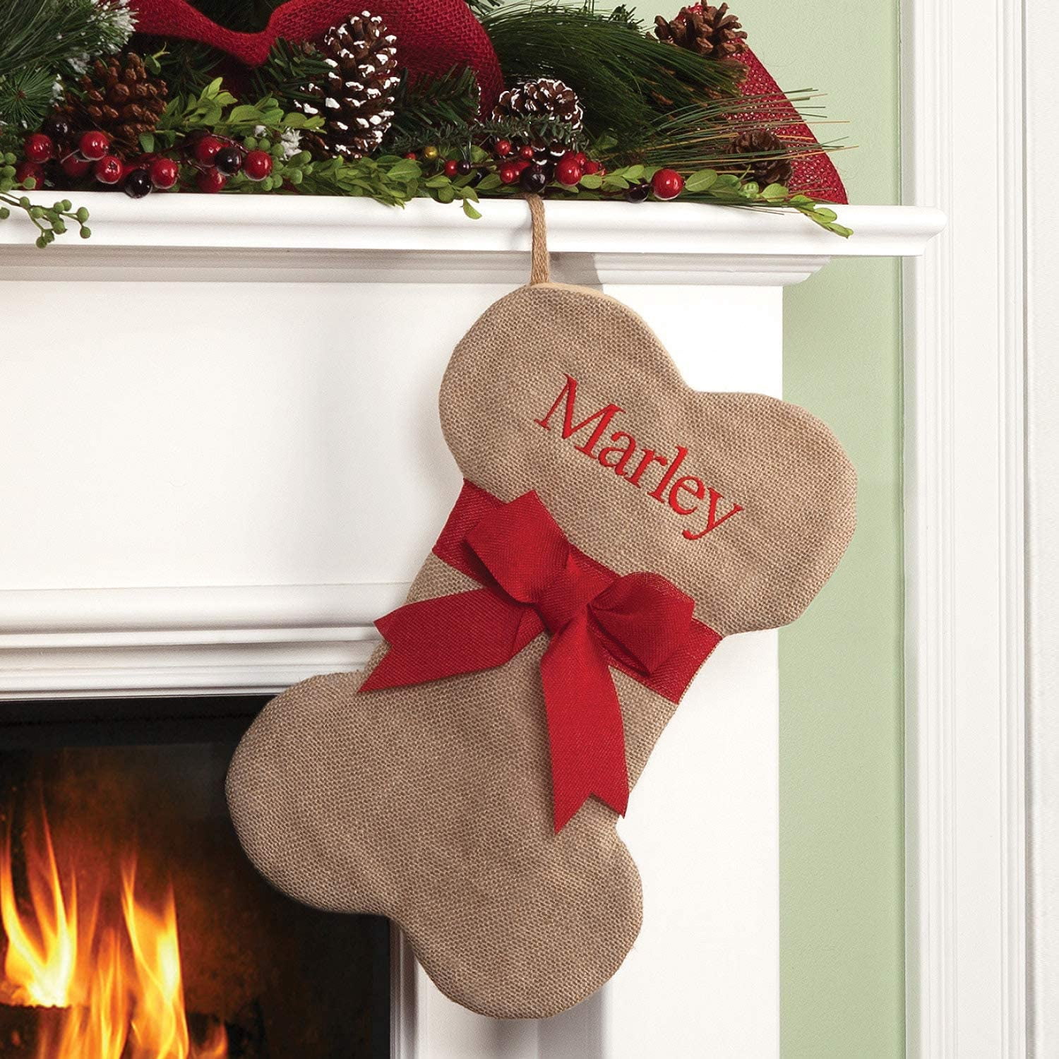 Personalized Burlap Cat Fish and Dog Bone Christmas Stocking