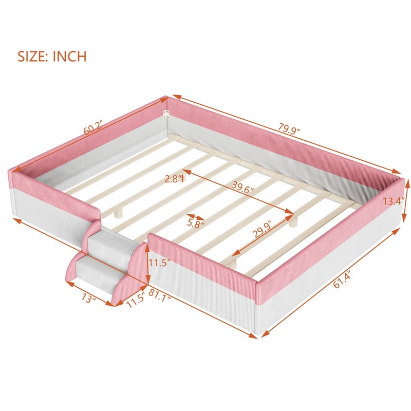 Queen Size Corduroy Upholstered Floor Bed Frame with Fence, Kids Low-Profile Platform Bed with 2-Tier Steps & Smart LED Lights
