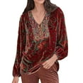 thumbnail image 2 of Womens V Neck Floral Print Velvet Shirt Casual Long Sleeve Top Blouse Oversized Boho Embroidered Tunic Shirts Red XL, 2 of 4