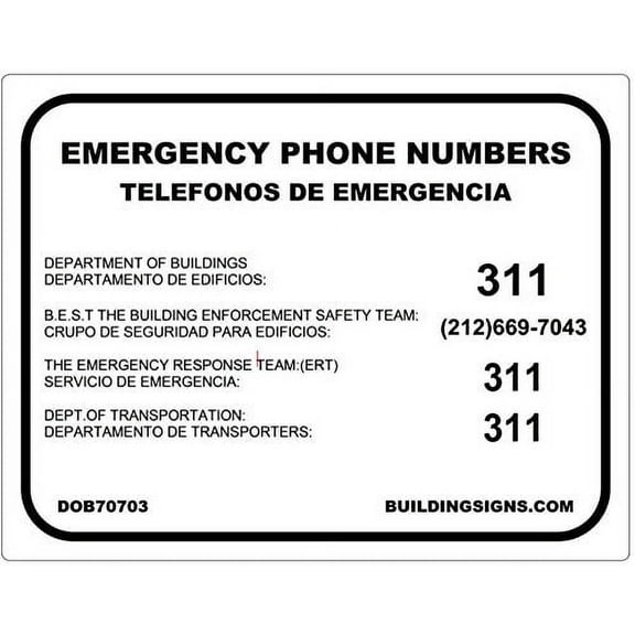 EMERGENCY PHONE NUMBERS - DOB SIGN Aluminum 12x15.5