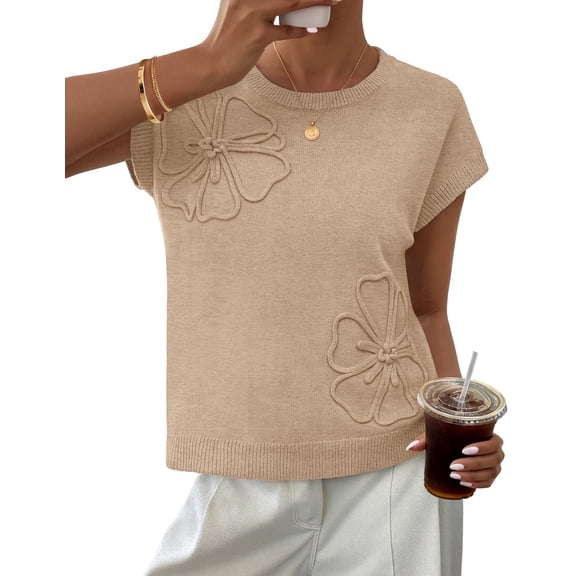 Merokeety Womens Summer Floral Knit Short Sleeve Loose Sweater Vest Apricot l