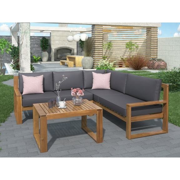 Leadzm 3-Piece Patio Sectional Set Acacia Wood and Grey Cushions Ideal for Outdoors and Indoors