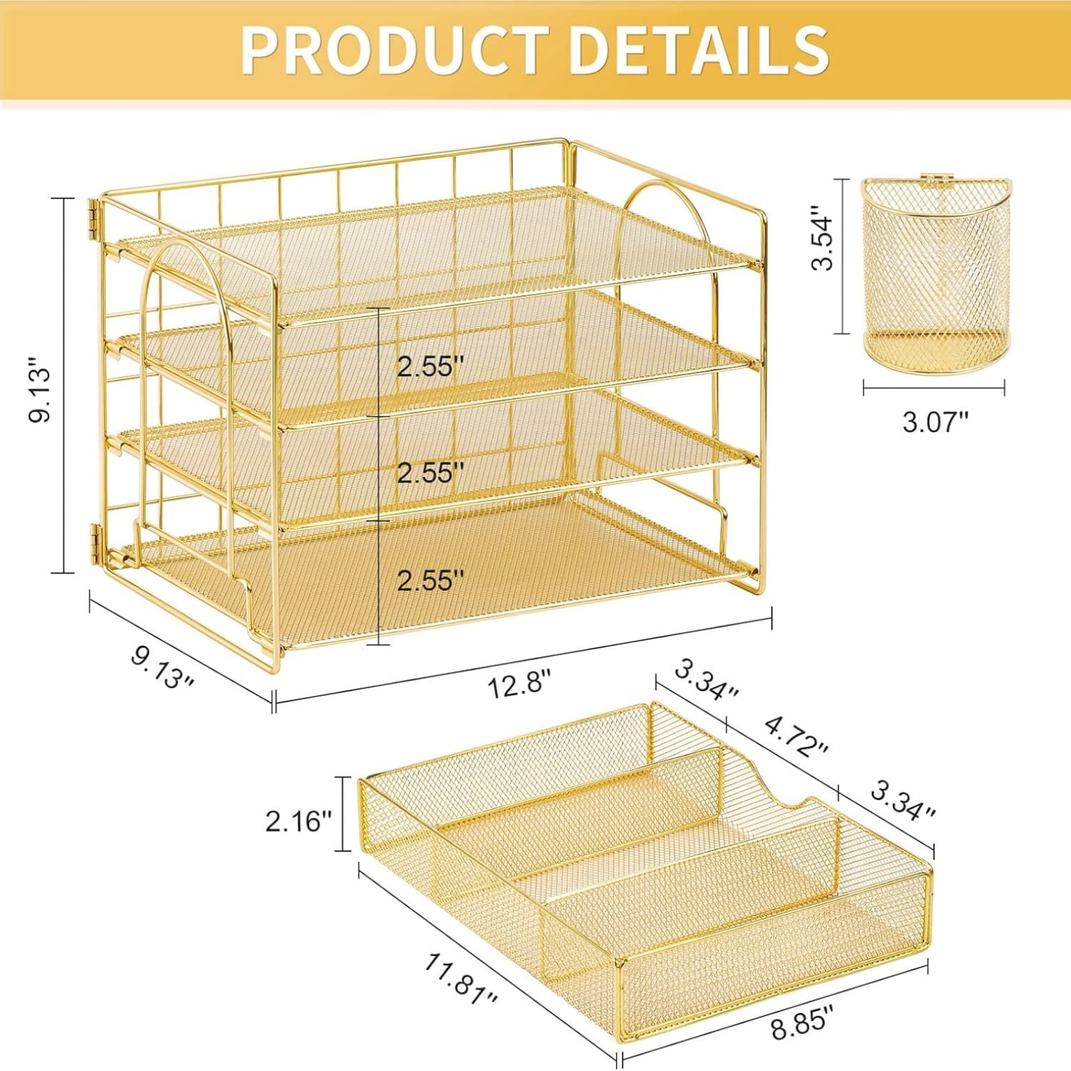 Paper Letter Tray Organizer with File Holder, 4-Tier Desk Accessories & Workspace Desk Organizers with Drawer and 2 Pen Holder for Office Supplies (Gold)