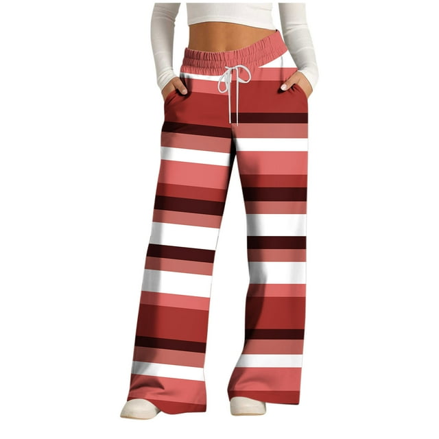Women's Fashion Striped Print Drawstring Wide-Leg Loose Casual Pocket Pants