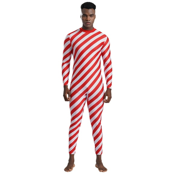 Moggemol Mens Christmas Candy Cane Long Sleeve Bodysuit Unitard Jumpsuit Santa Cosplay Leotard Red 3XL