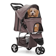 MoNiBloom 3 Wheel Pet Dog Folding Stroller, Foldable Lightweight Trolley with Storage Basket, Cup Holder and 360 Rotating Front Wheel for Small Medium Dogs, Coffee