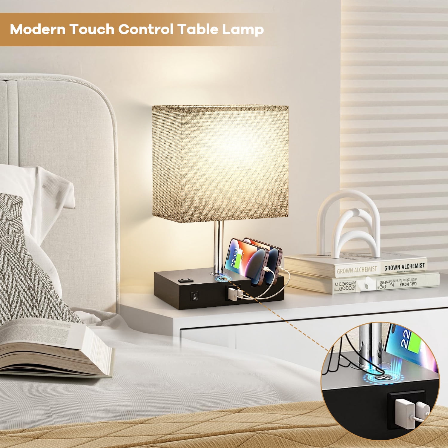 Bedside Table Lamp for Bedroom, Brochao Nightstand Lamp with AC Outlet Port, 2 USB Charging Ports & 2 Phone Stands, 3 Way Dimmable Touch Lamp for Living Room, Dorm, Office