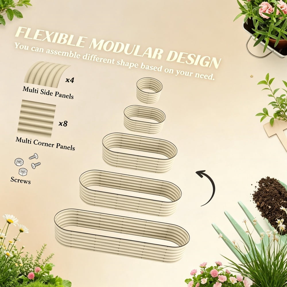 Cream Painted Galvanized Steel Raised Garden Bed, Open Bottom Planter, Modular Design with Rubber-Sealed Edges, Easy Assembly for Outdoor Gardening