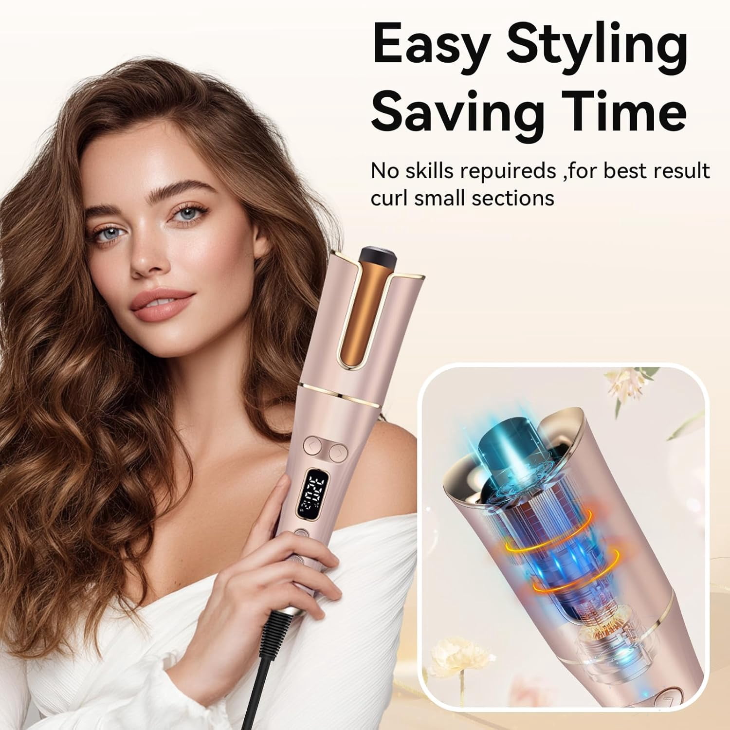 Automatic Hair Curler with 5 Temperature & 3 Timer Settings, Auto-Rotating Ceramic Curling Iron with LCD Display, Anti-Tangle & Anti-Scald Design