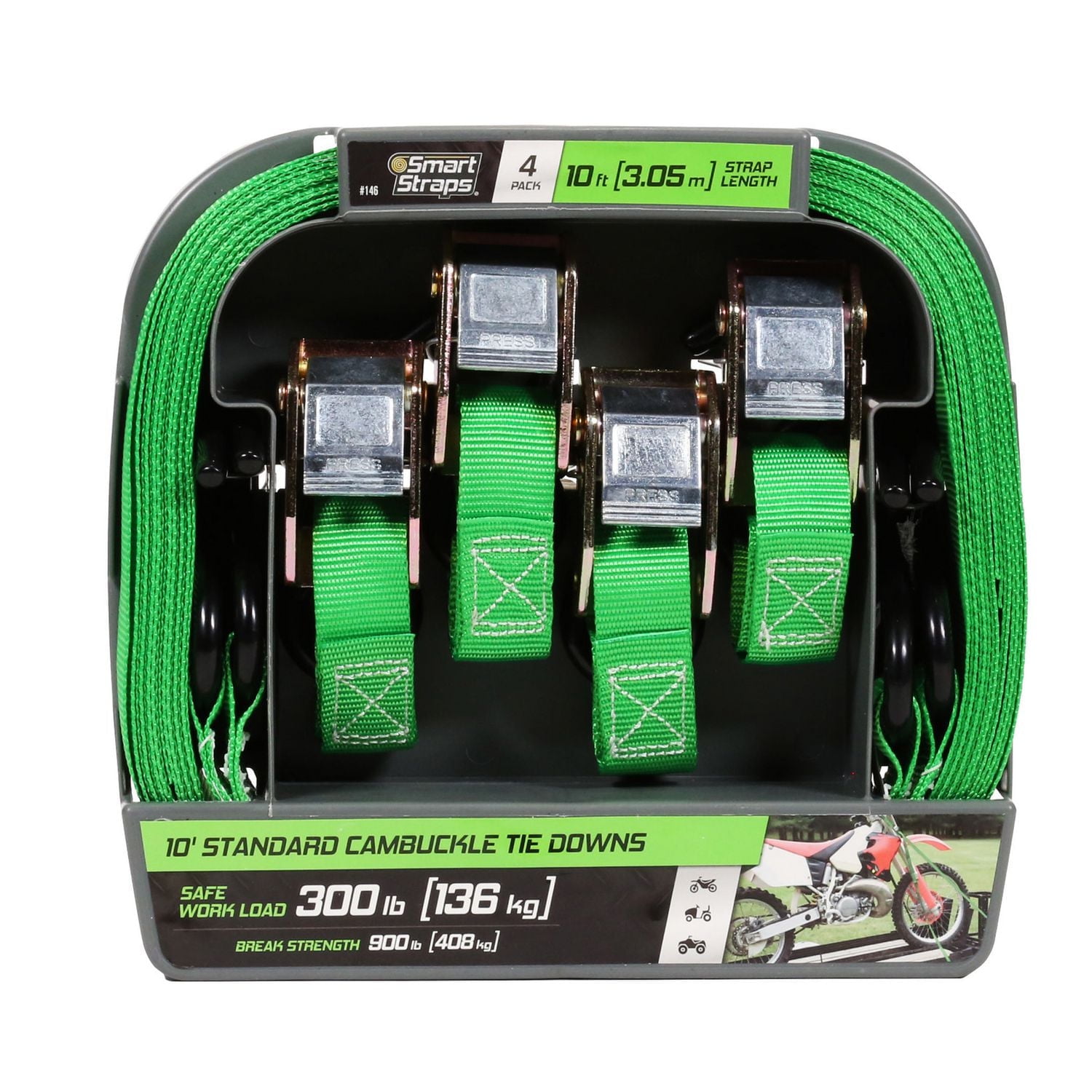 10' 900 lb Cambuckle Tie Down 4 Pk Green, Packof 4