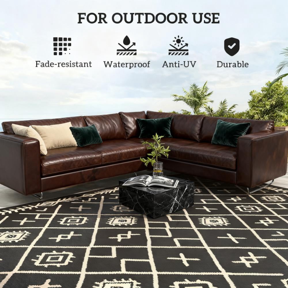 9' x 12' Black and Beige Rhombus Reversible Outdoor Patio Rug, Waterproof Plastic Straw Rug, Foldable Portable RV Camping Mat with Carry Bag