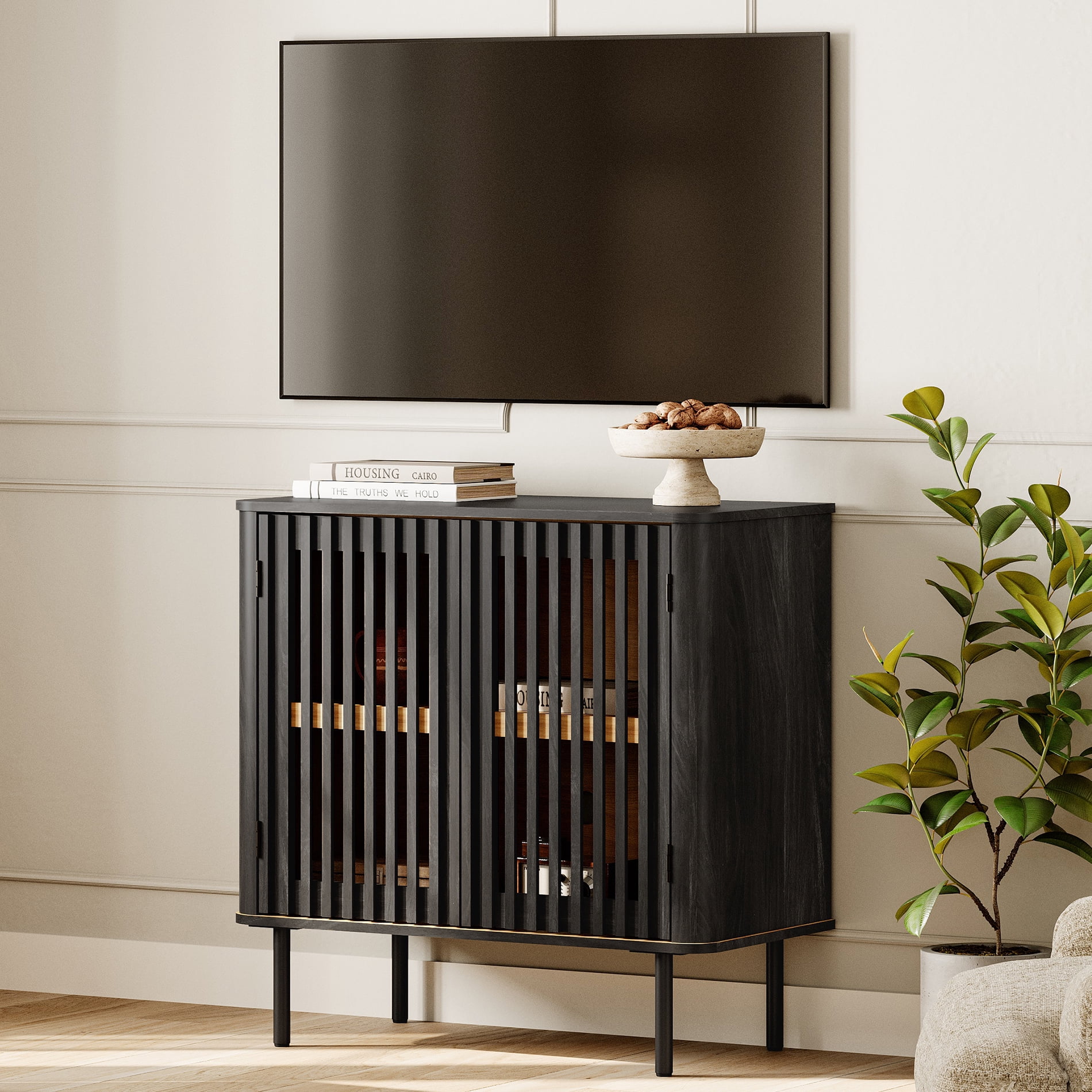 31.5" TV Stand for TVs up to 43", Pop-up Design Wood Entertainment Center with Storage, Black