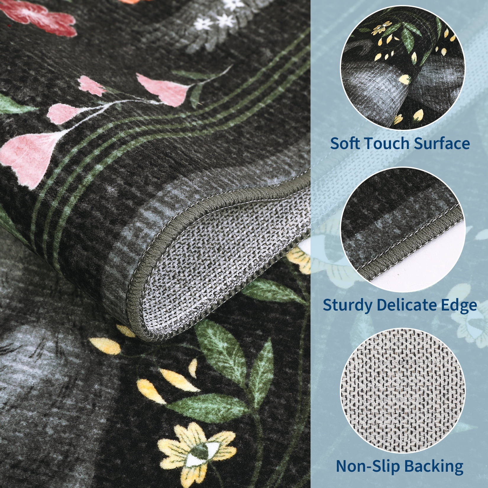 Garvee 5'x7' Boho Area Rug Cat Floral Pattern Carpet, Vintage Washable Rug Non-Slip Indoor Accent Carpet for Living Room Bedroom Home Office, Black