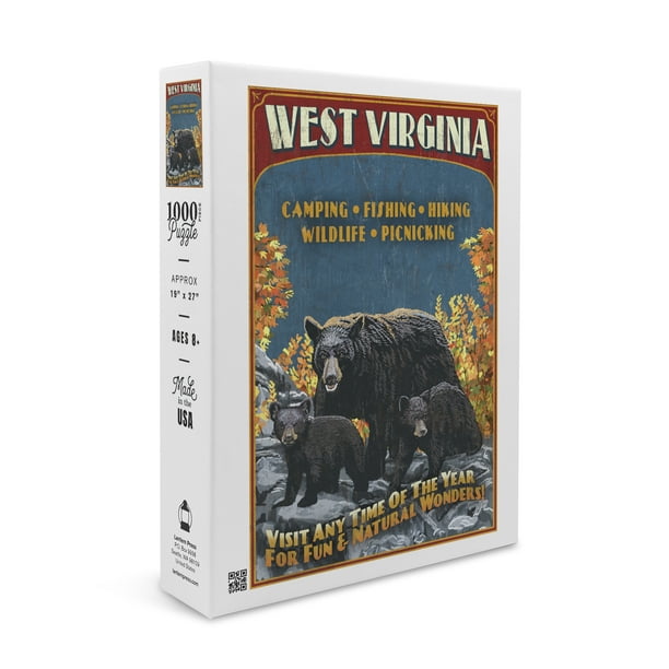West Virginia, Black Bear Family, Vintage Sign (1000 Piece Puzzle, Size