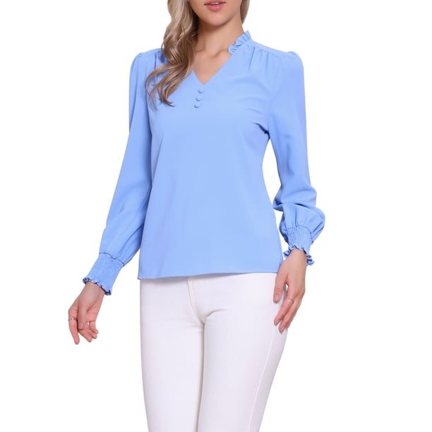 BLUSA Vintage de Cuello Rizado de Manga Larga Casual para Mujer Inspire Chic M Azul