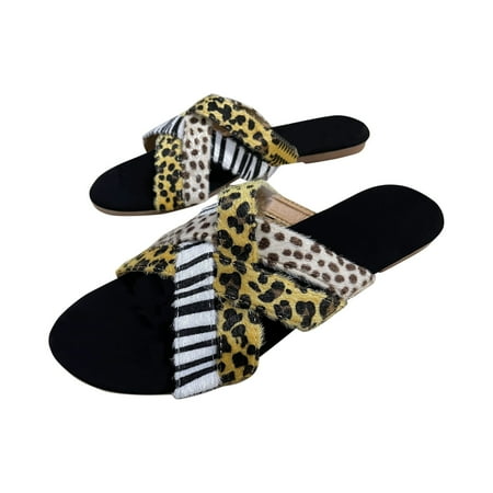 

Binmer Women Shoes Casual Peep Toe Flat Heels Summer Slippers Leopard Stripe Panel Sandals
